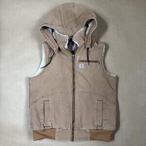 Carhartt Weathered Wildwood Vest Brown Hooded Sherpa Lined Women’s Sz L 12-14